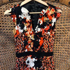 French Connection Asian Abstract Midi Cocktail Dress Red Black White Tan